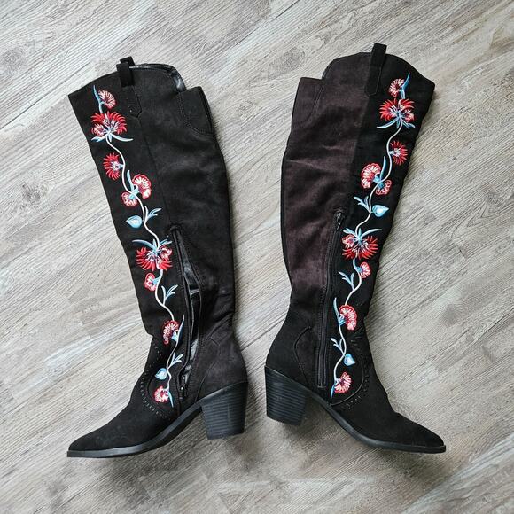 Carlos by Carlos Santana Black Over the Knee Boots with Red Floral Embroidery - Picture 2 of 15